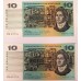 AUSTRALIA 1968 . TEN 10 DOLLAR BANKNOTES . PHILLIPS/RANDALL . CONSECUTIVE PAIR
